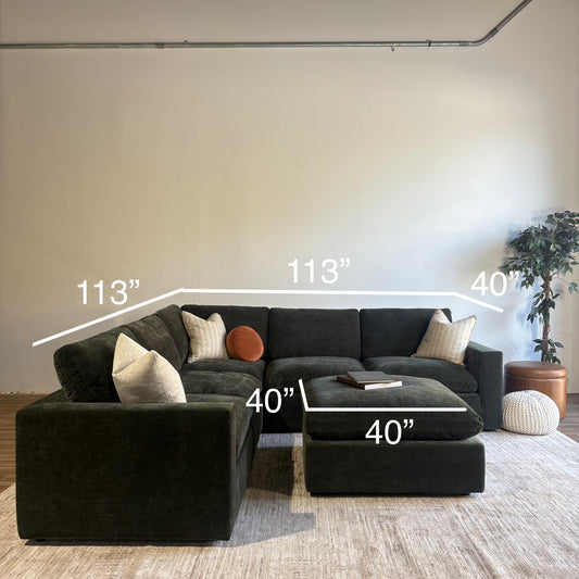 Cypress Corner Sectional + Ottoman in Velvet Forest Green, dimensions