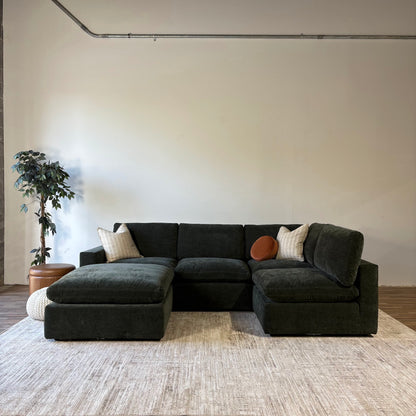 Cypress L-Shape + Ottoman in Velvet Forest Green, reversed layout
