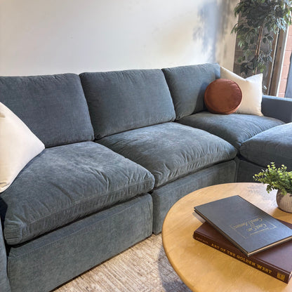Cypress Sofa + Ottoman in Velvet Opal Blue, left close-up