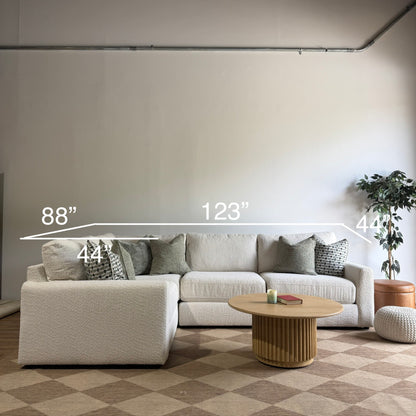 Oak L-Shape Enclosed in Performance Snow Boucle with dimensions by Kindred Couches