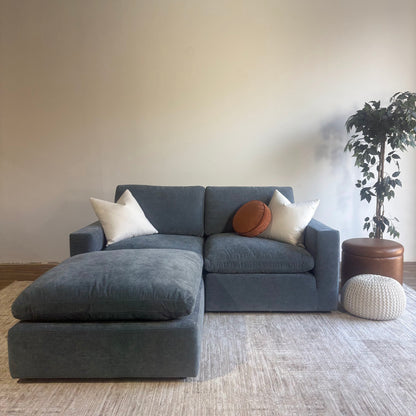 Cypress Loveseat + Ottoman in Velvet Opal Blue, front view