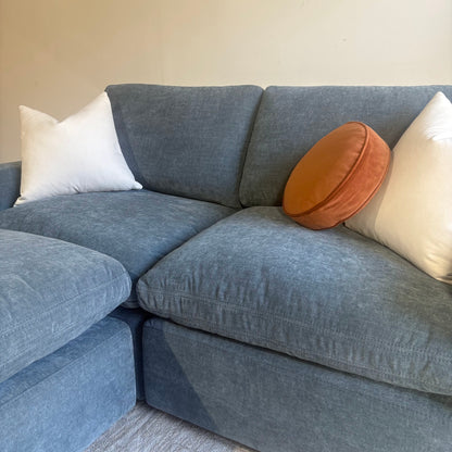 Cypress Loveseat + Ottoman in Velvet Opal Blue, right close-up