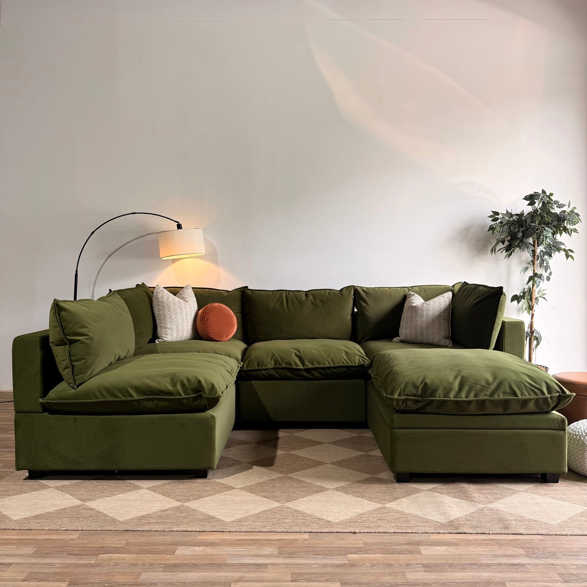 Albany Park Kova L-Shape + Ottoman in Olive Velvet