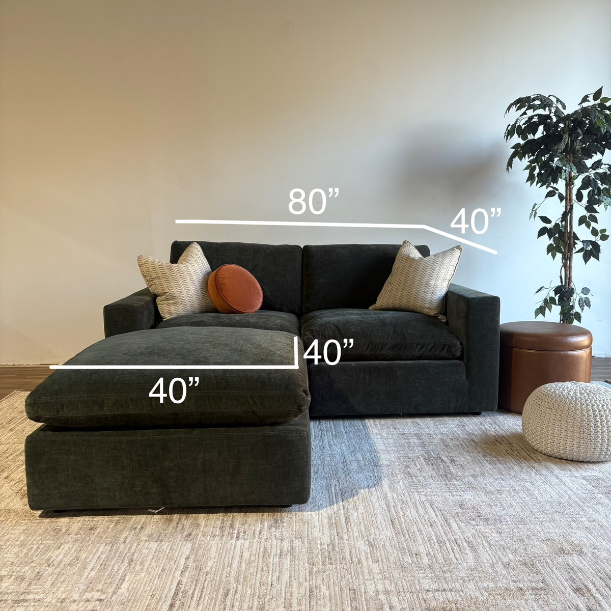 Cypress Loveseat + Ottoman in Velvet Forest Green, dimensions