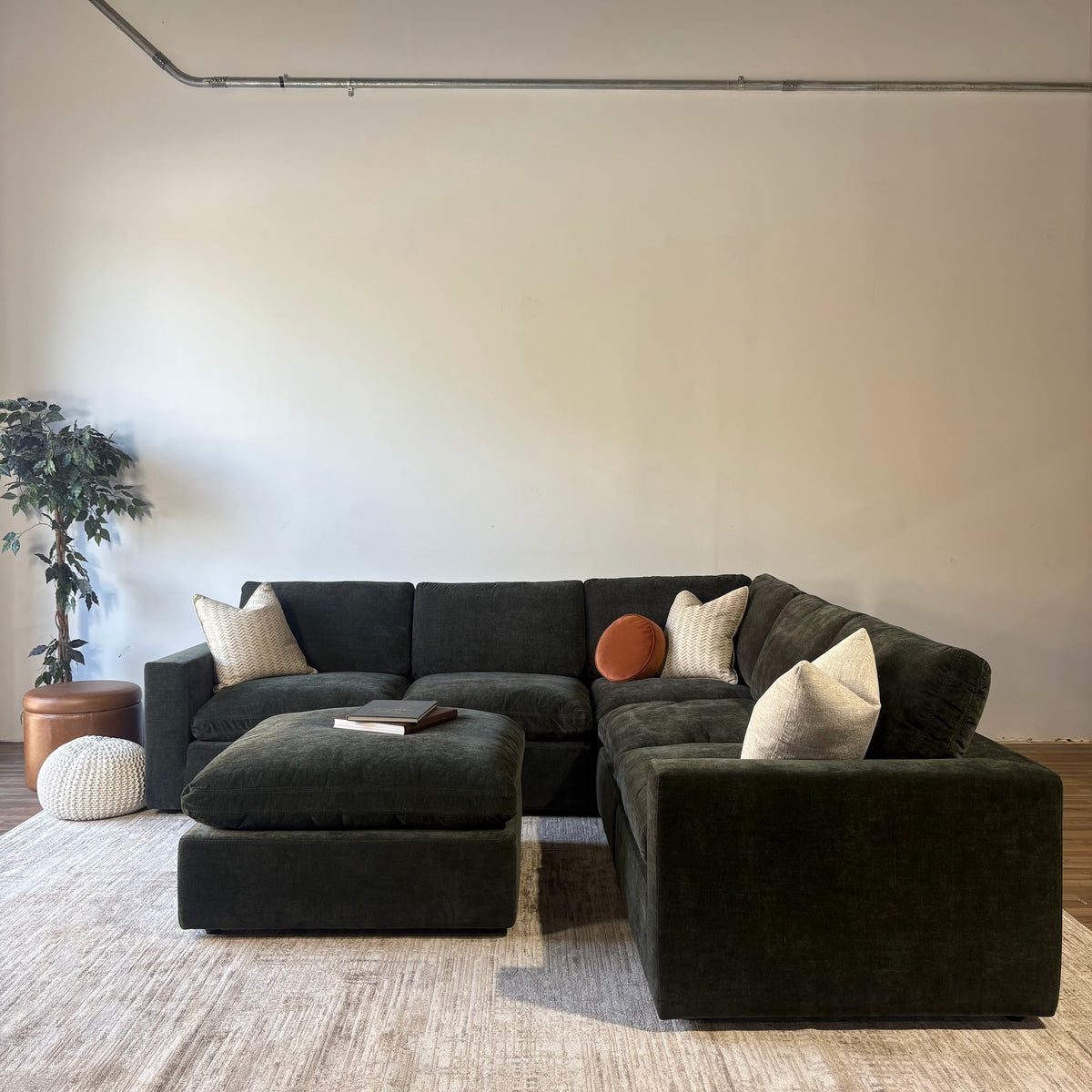 Cypress Corner Sectional + Ottoman in Velvet Forest Green, reversed layout