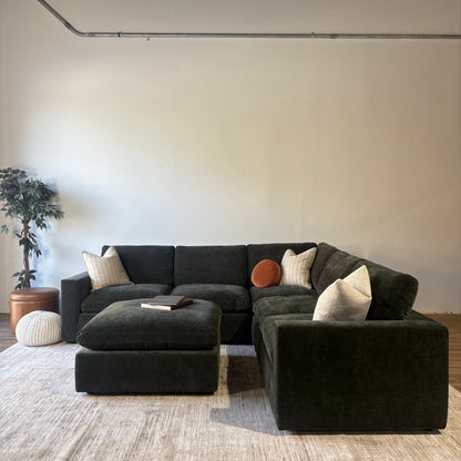 Cypress Corner Sectional + Ottoman in Velvet Forest Green, reversed layout