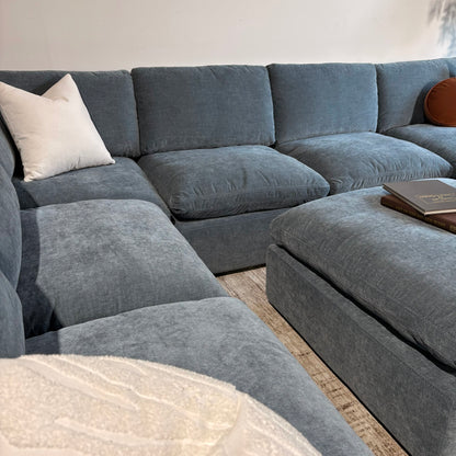 Cypress Grand Corner + 2 Ottomans in Velvet Opal Blue, left close-up