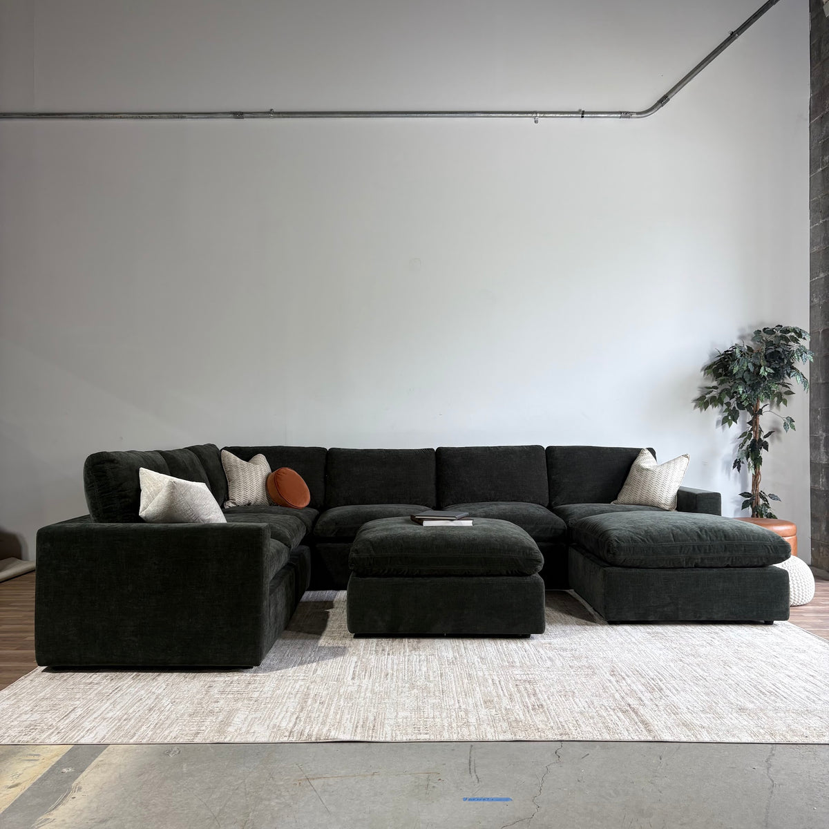 Cypress Grand Corner + 2 Ottomans in Velvet Forest Green, front view