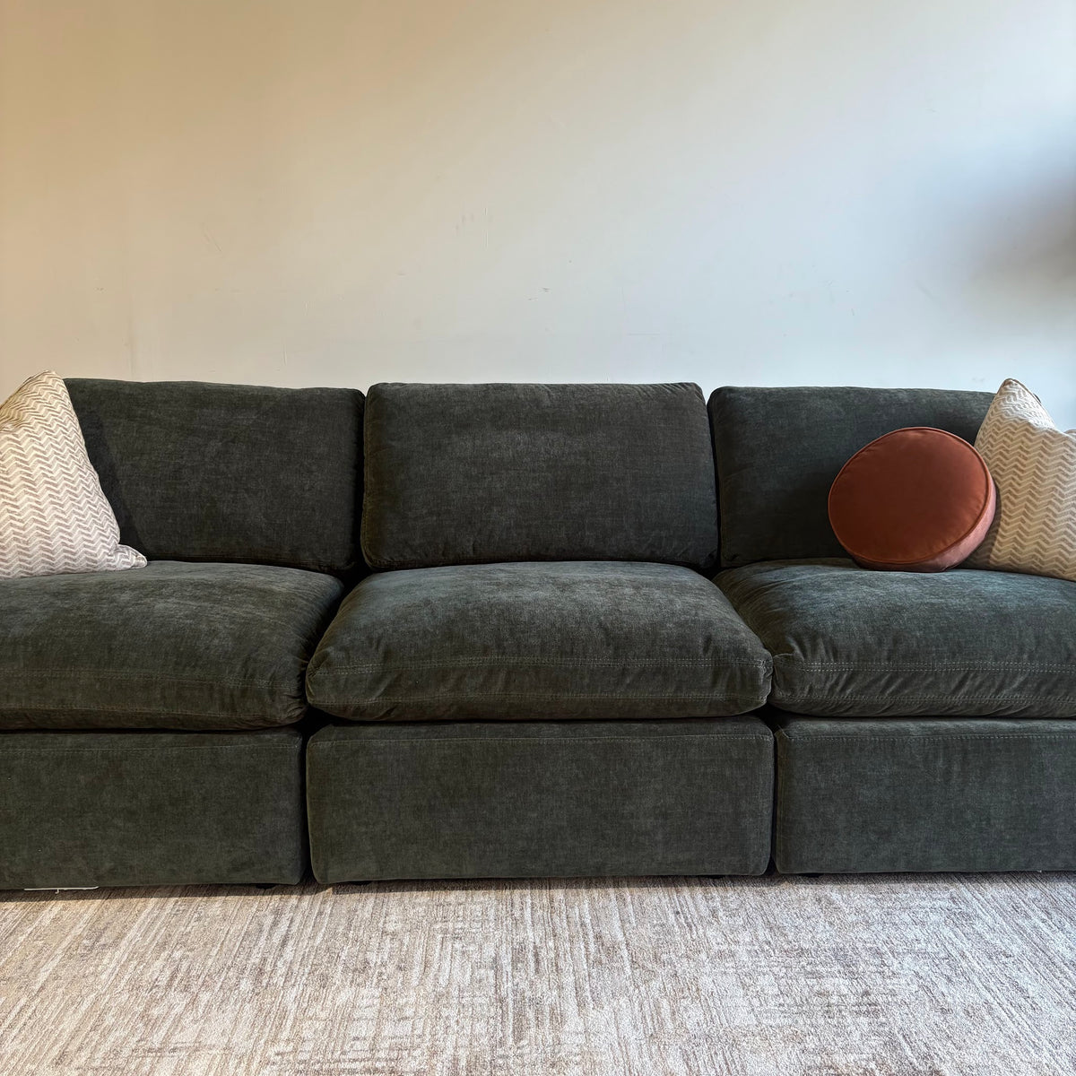 Cypress Sofa in Velvet Forest Green, front close-up