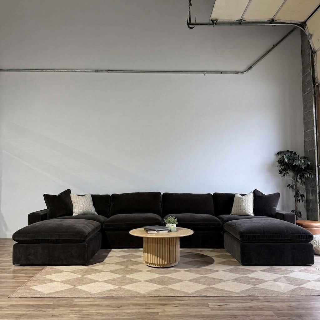 Woodland Double Chaise with Classic Ottomans in Chocolate Velvet
