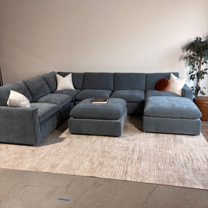 Cypress Grand Corner + 2 Ottomans in Velvet Opal Blue, angled view