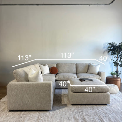 Cypress Corner Sectional + Ottoman in Oatmeal Basketweave, dimensions