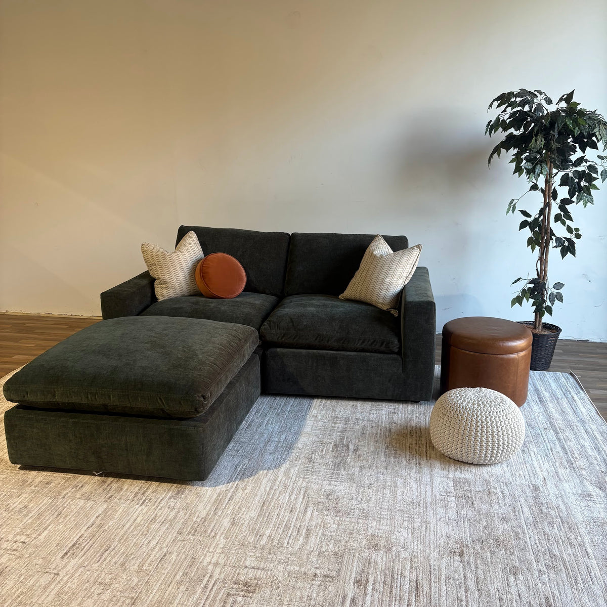 Cypress Loveseat + Ottoman in Velvet Forest Green, right view