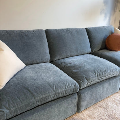 Cypress Sofa in Velvet Opal Blue, left close-up
