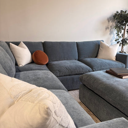 Cypress Corner Sectional + Ottoman in Velvet Opal Blue, left close-up