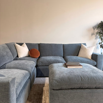 Cypress Corner Sectional + Ottoman in Velvet Opal Blue, front close-up
