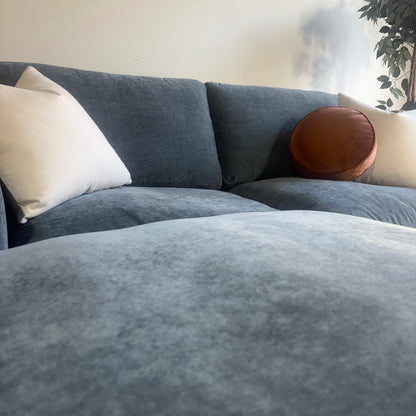 Cypress Loveseat + Ottoman in Velvet Opal Blue, left close-up