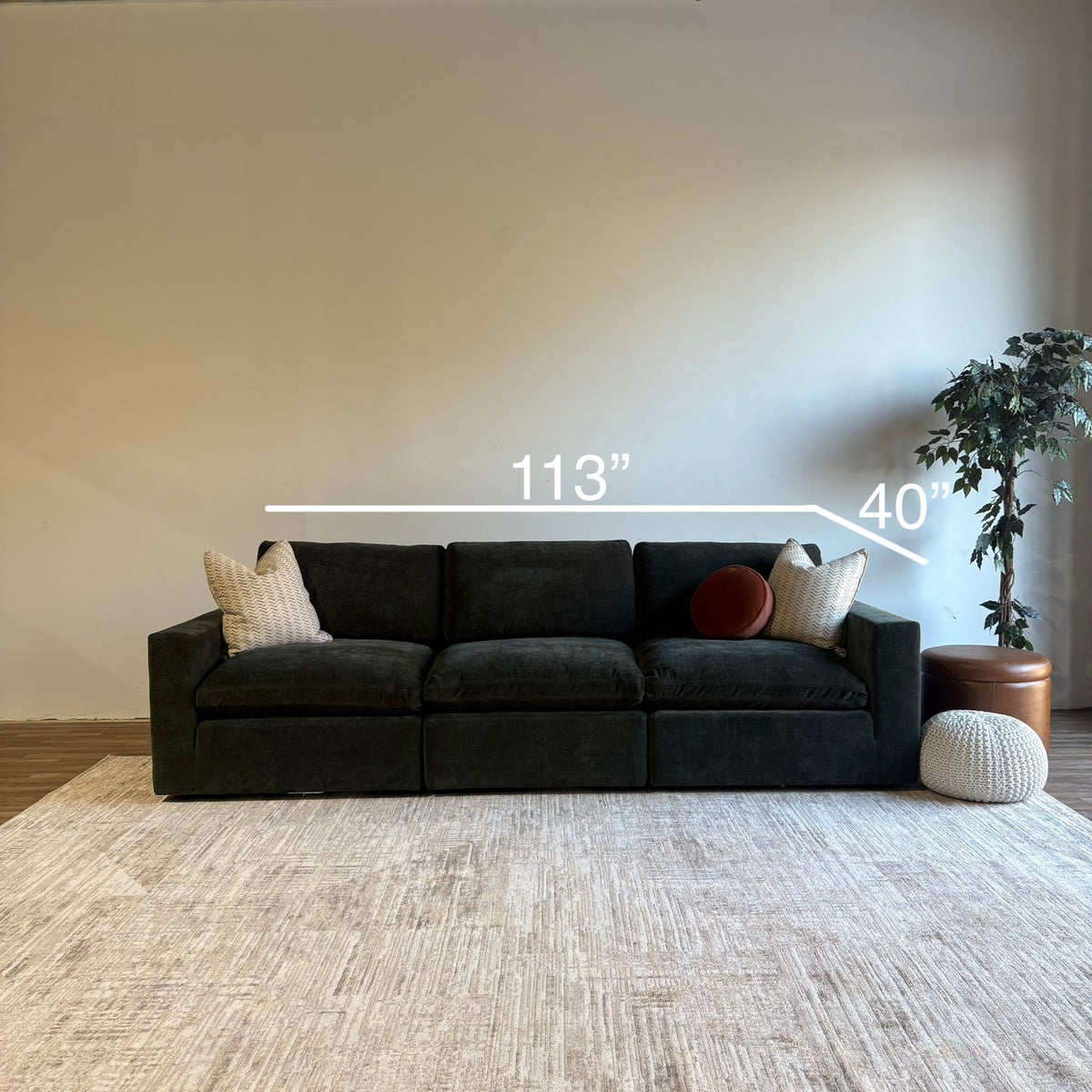 Cypress Sofa in Velvet Forest Green, dimensions