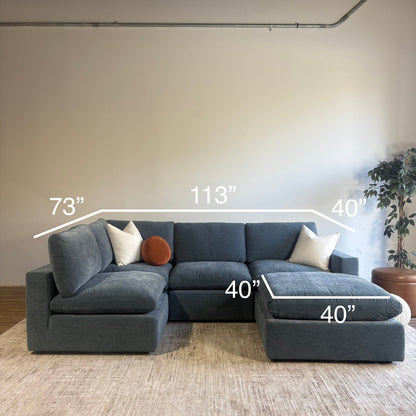 Cypress L-Shape + Ottoman in Velvet Opal Blue, dimensions