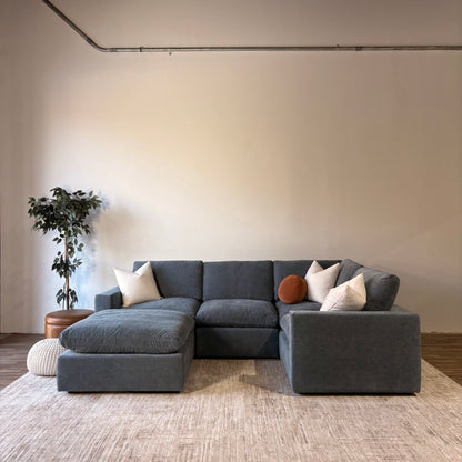 Cypress L-Shape Enclosed + Ottoman in Velvet Opal Blue, reversed layout