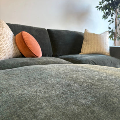 Cypress Loveseat + Ottoman in Velvet Forest Green, fabric detail