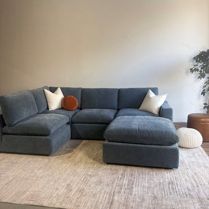 Cypress L-Shape + Ottoman in Velvet Opal Blue, angled view