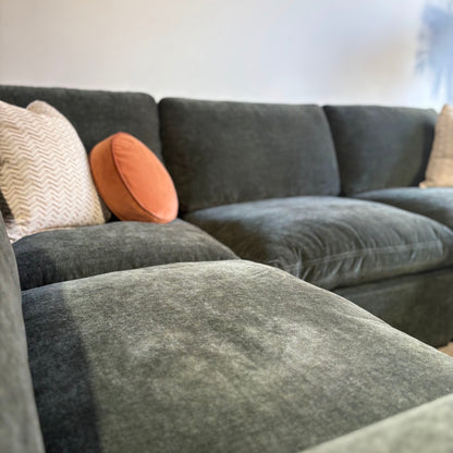 Cypress L-Shape Enclosed + Ottoman in Velvet Forest Green, left close-up