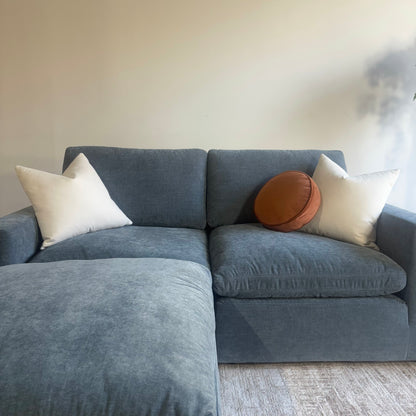 Cypress Loveseat + Ottoman in Velvet Opal Blue, front close-up