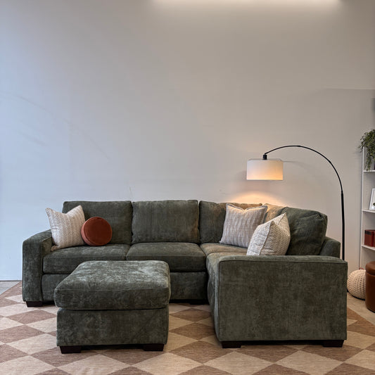 Atlas Modular L-Shape Enclosed + Ottoman in Green Chenille