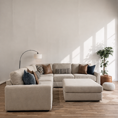 Oak Corner Sectional + Ottoman in Beige Performance Fabric