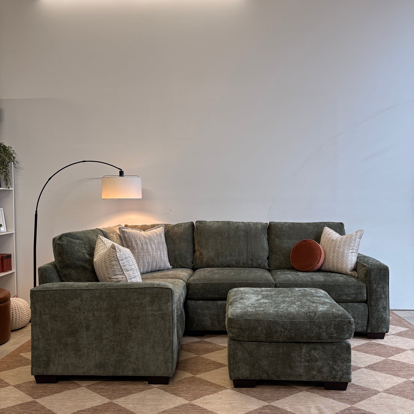 Atlas Modular L-Shape Enclosed + Ottoman in Green Chenille