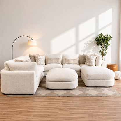 Georgia Grand Corner Sectional + 2 Ottomans in Cream Boucle