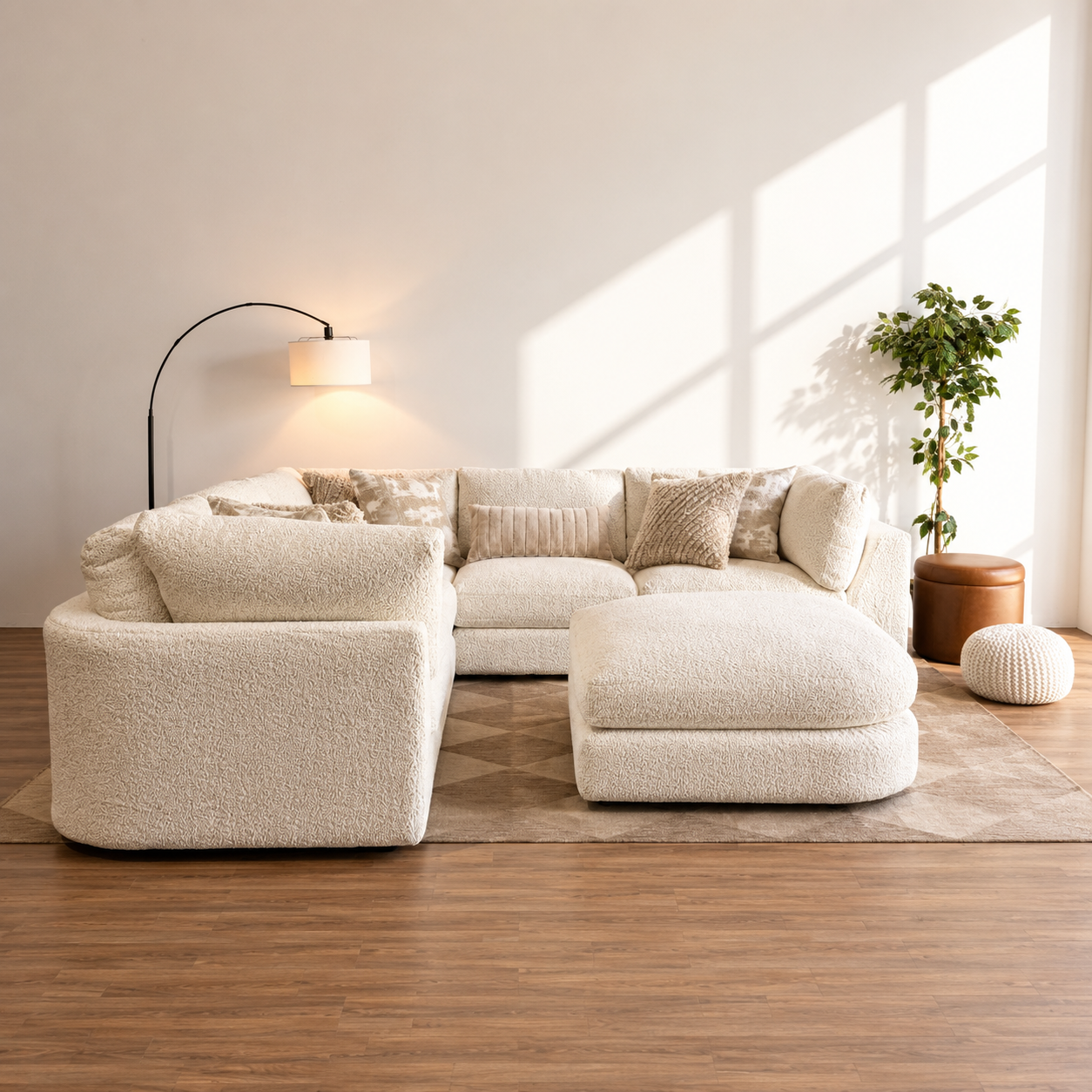 Georgia Corner Sectional + Ottoman in Cream Boucle