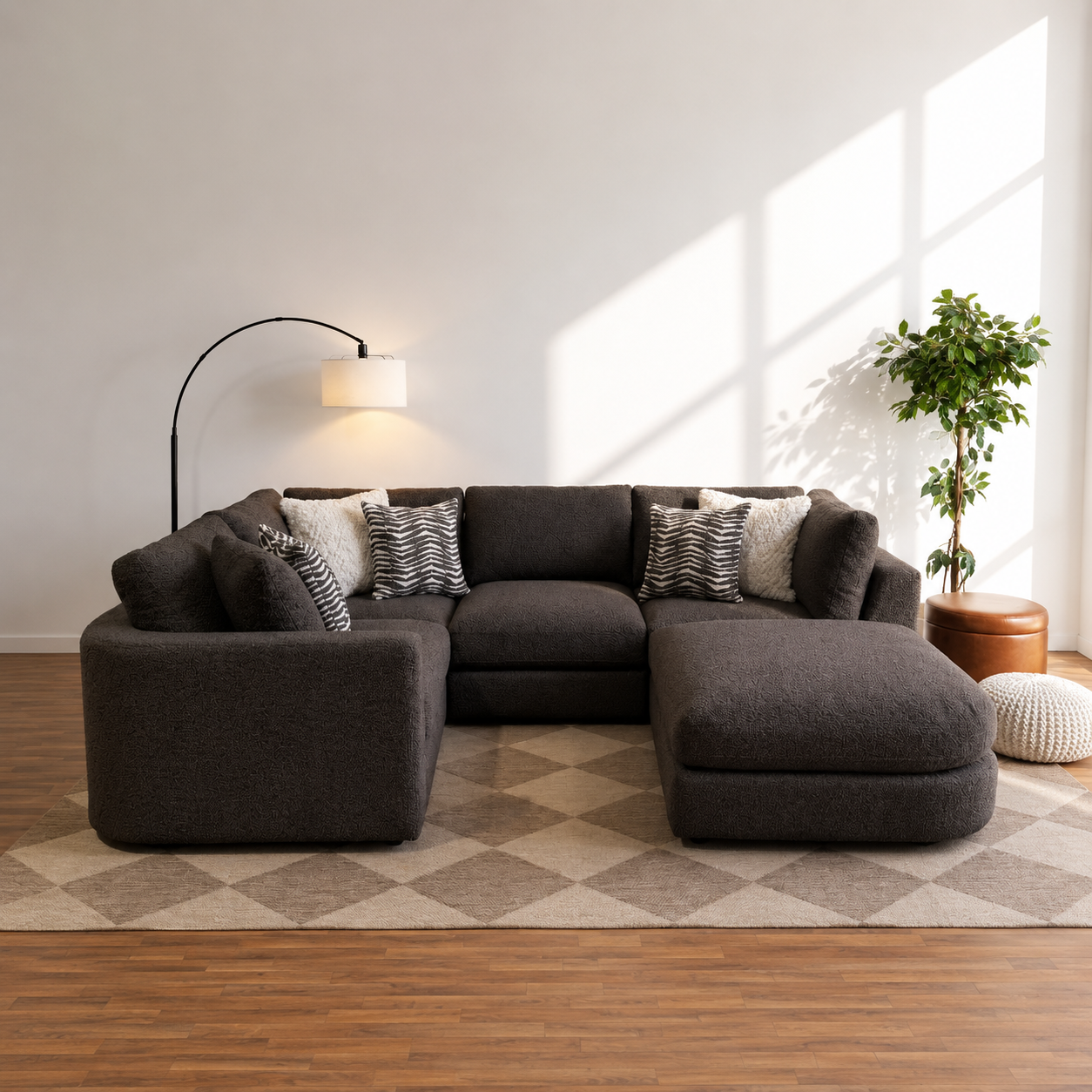 Georgia L-Shape Enclosed Sectional + Ottoman in Cream Boucle