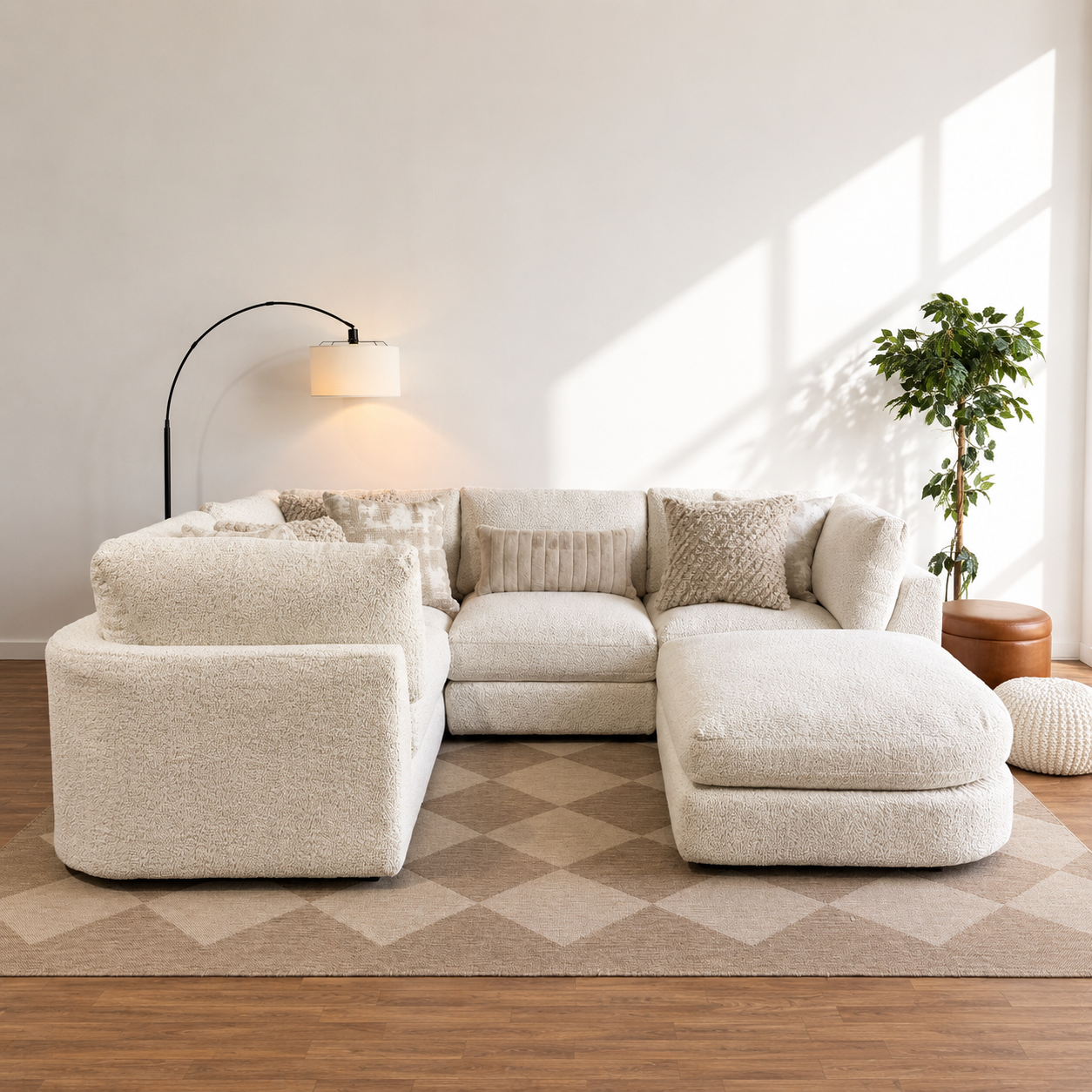 Georgia L-Shape Enclosed Sectional + Ottoman in Cream Boucle
