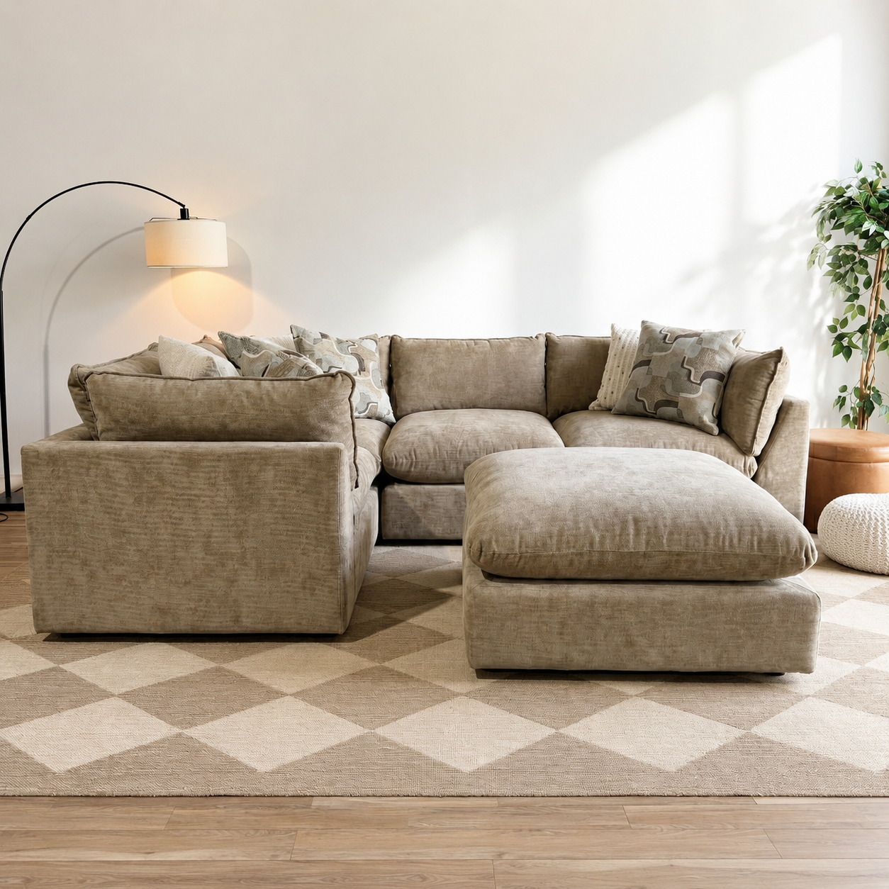 Mesa L-Shape Enclosed Sectional + Ottoman in Sage Green Chenille
