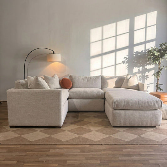 Brook L-Shape Enclosed Sectional + Ottoman in Anquilla Ivory Performance Chenille — Kindred Couches