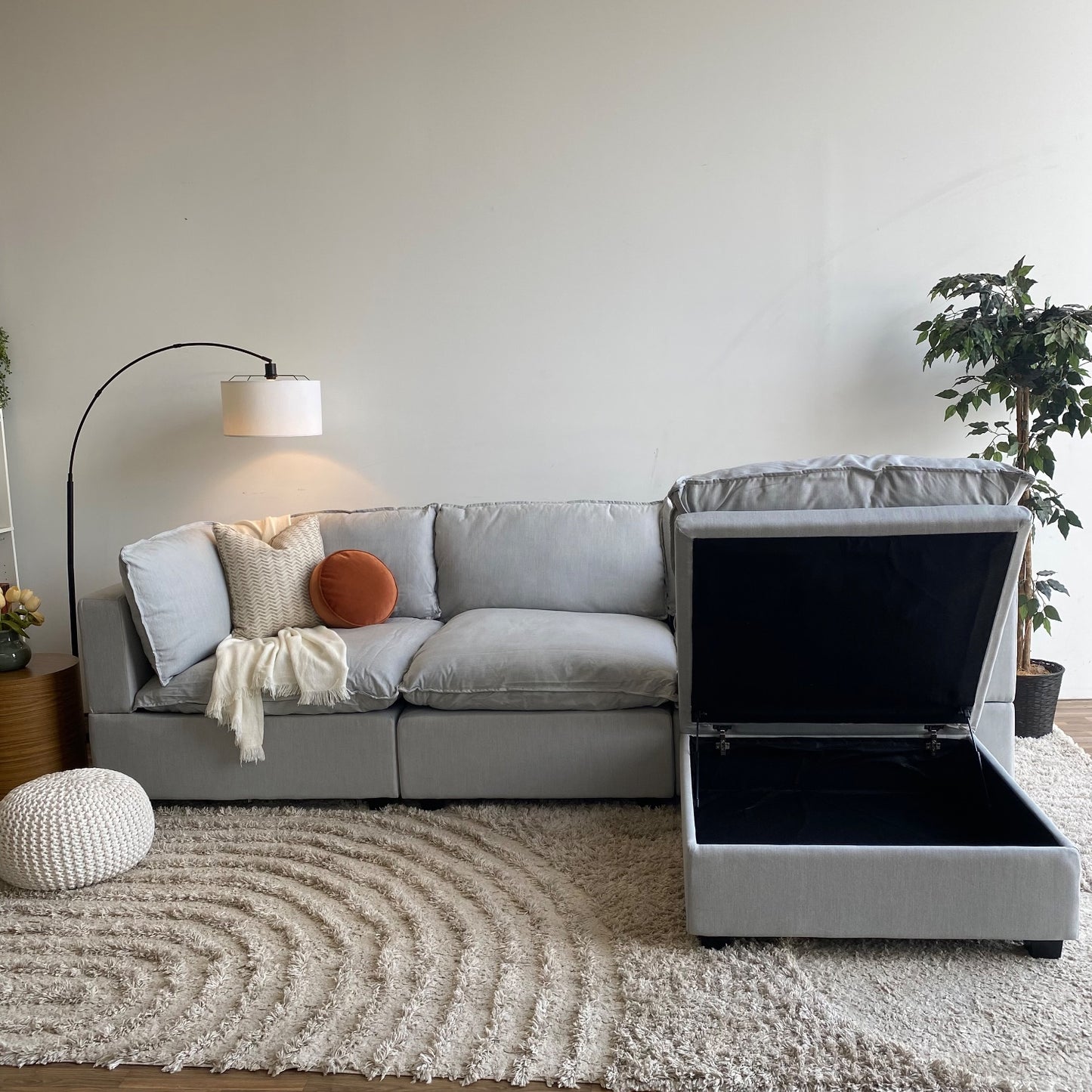 Albany Park Kova Modular 4 Pc in Pearl Gray Linen w/Storage Ottoman Pillow Top