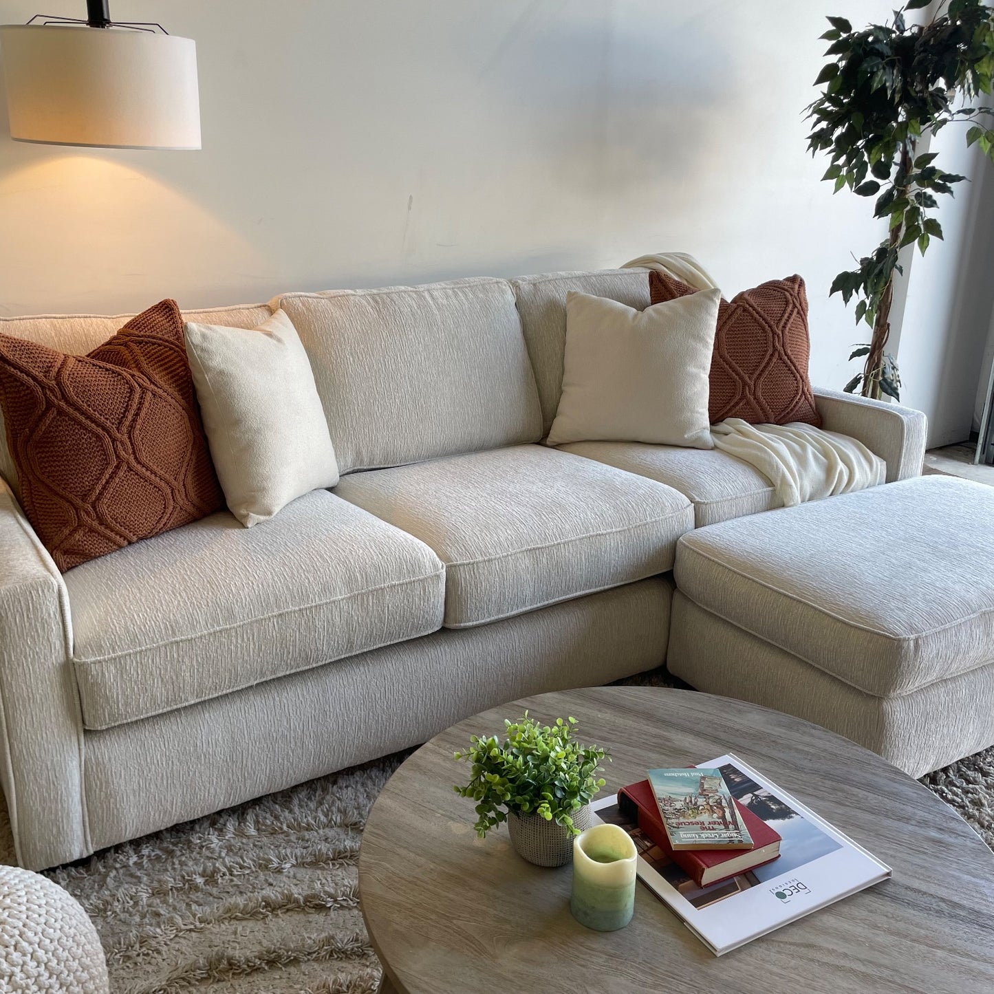 Lindsay Sofa W/Matching Ottoman in Dove Cream Colored Fabric