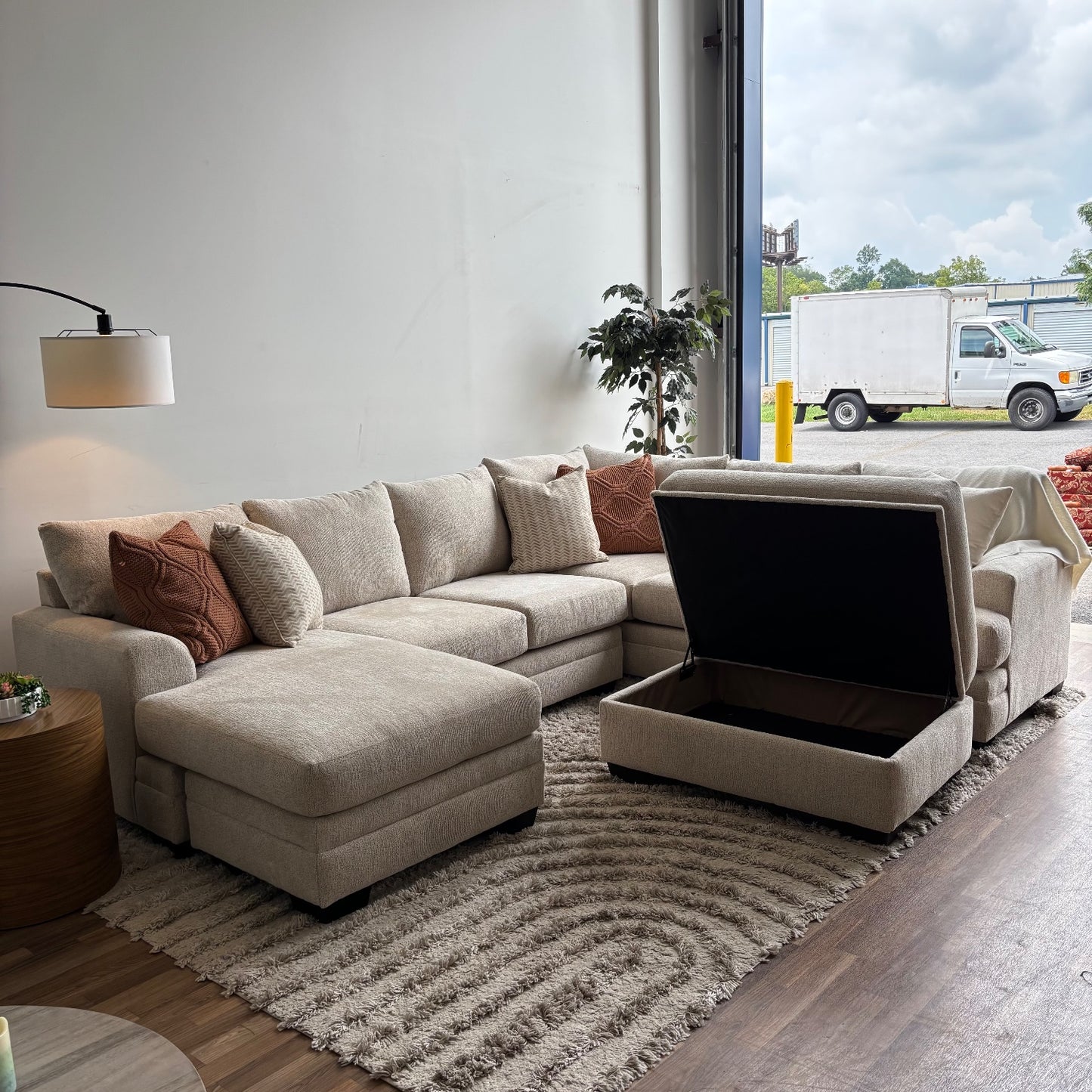 Conrad U Sectional w/Storage Ottoman in Beige Sand Fabric