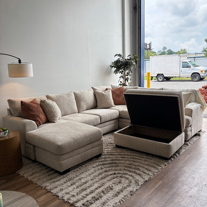 Conrad U Sectional w/Storage Ottoman in Beige Sand Fabric