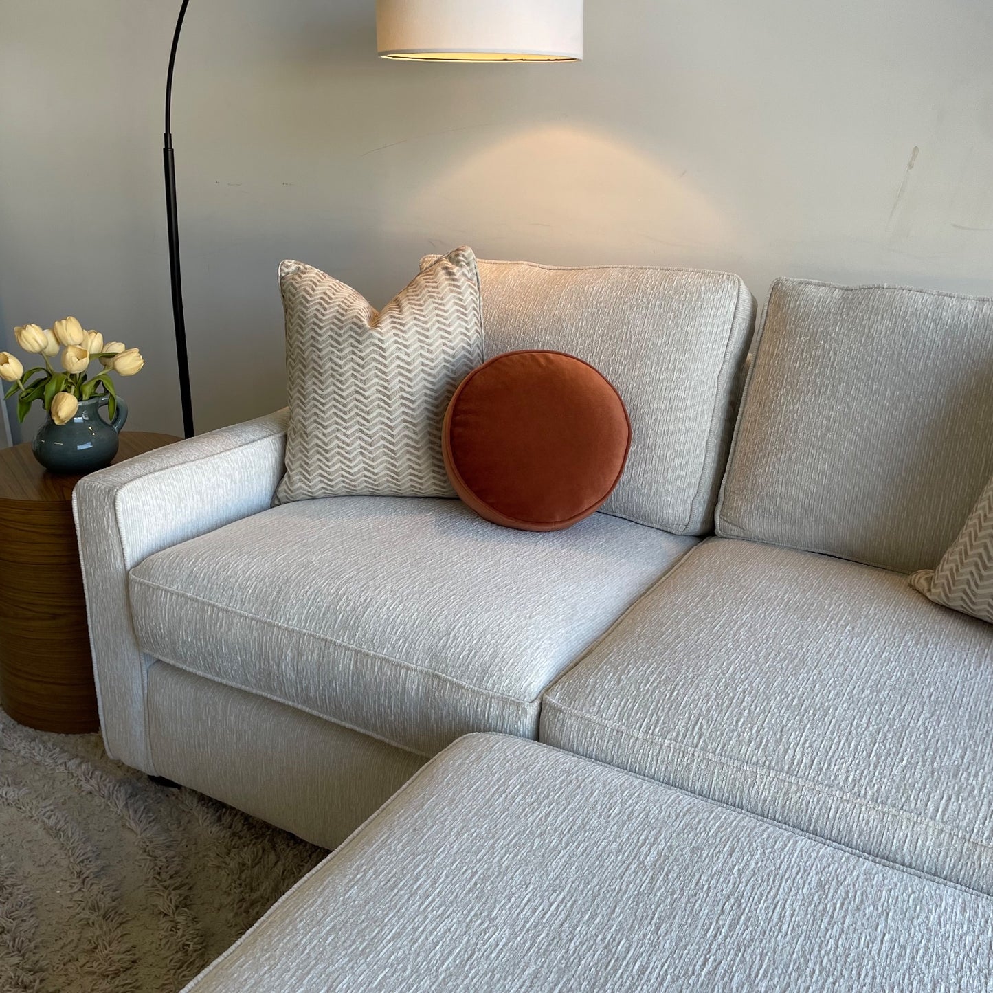 Lindsay Loveseat W/Ottoman in Dove Cream Colored Fabric