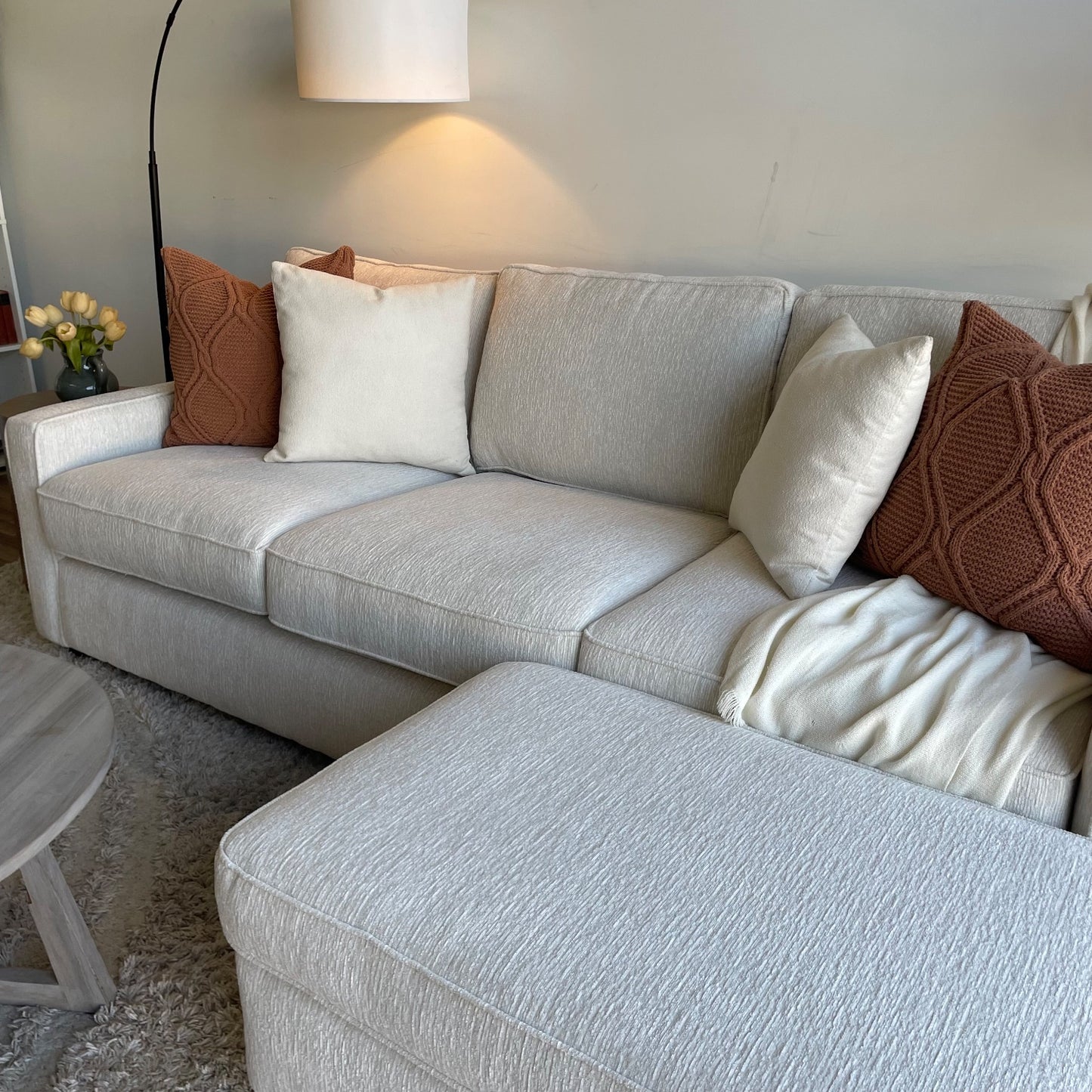 Lindsay Sofa W/Matching Ottoman in Dove Cream Colored Fabric