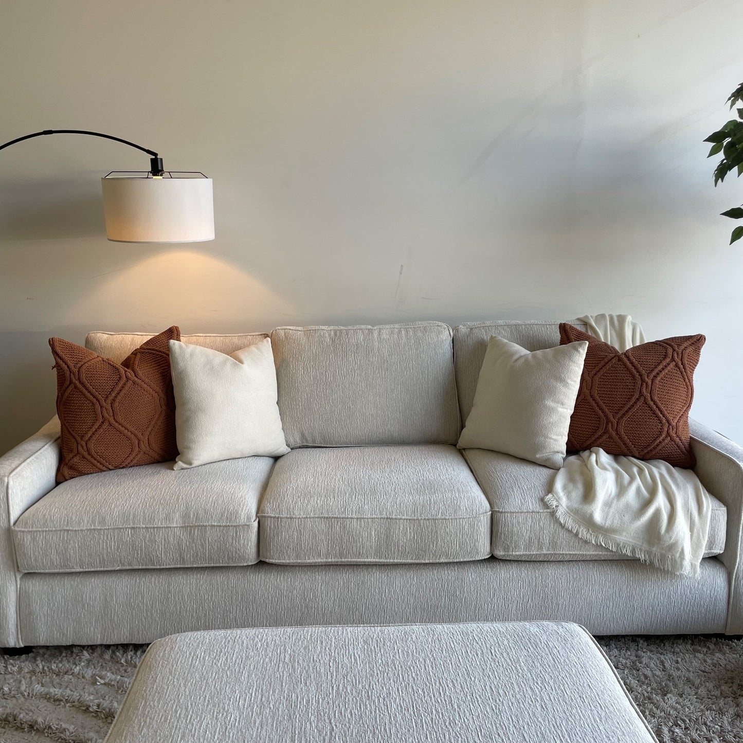 Lindsay Sofa Set W/Matching Ottoman in Dove Cream Colored Fabric