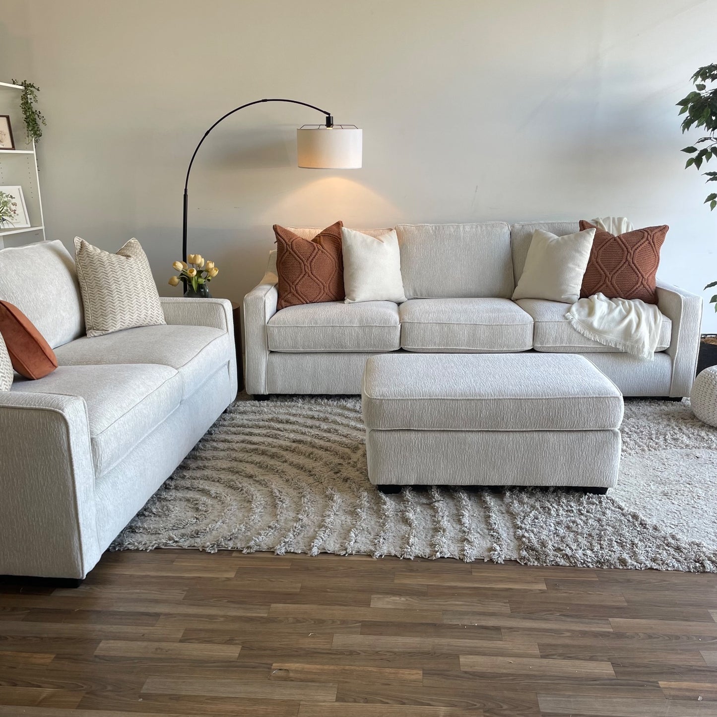 Lindsay Sofa Set W/Matching Ottoman in Dove Cream Colored Fabric