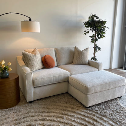 Lindsay Loveseat W/Ottoman in Dove Cream Colored Fabric