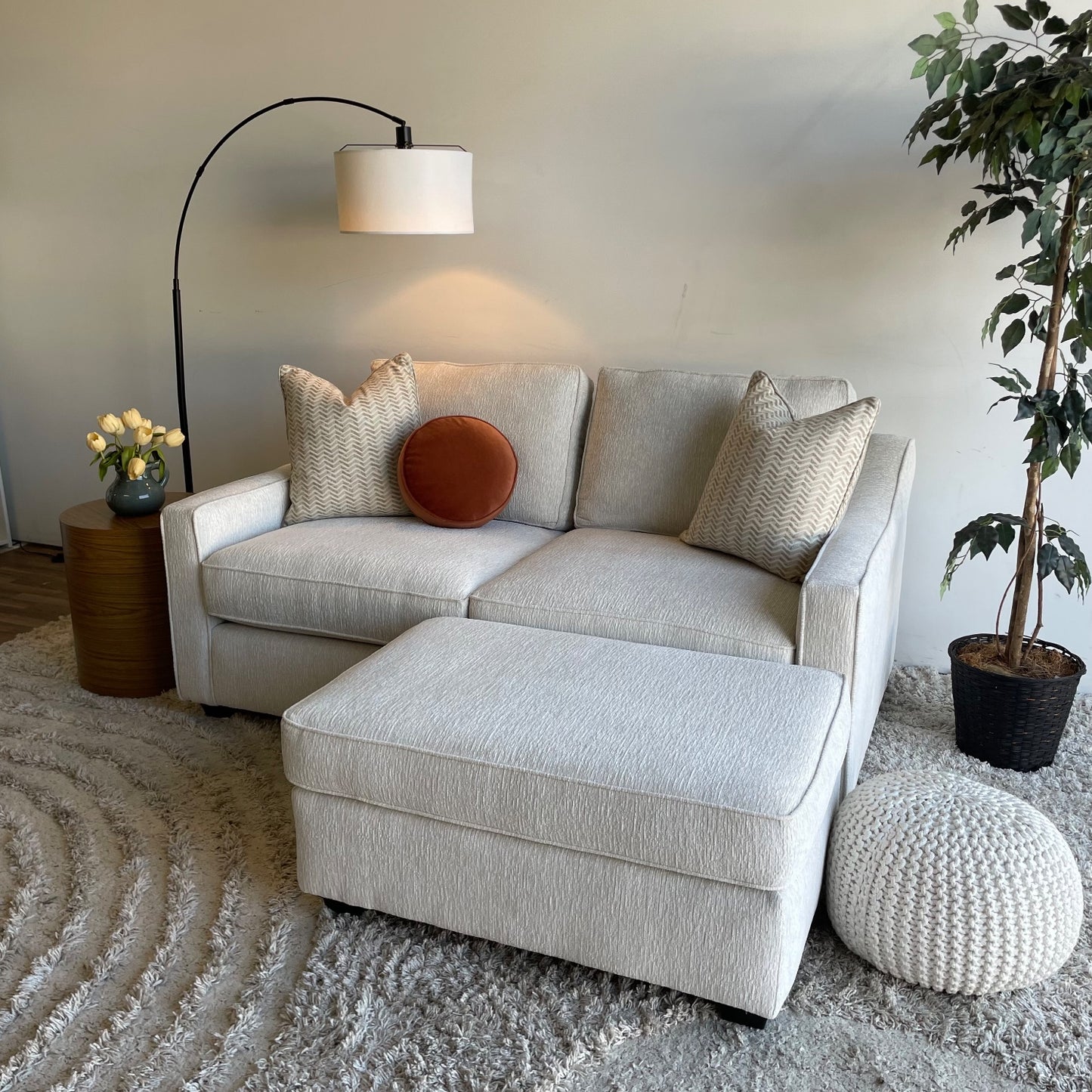 Lindsay Loveseat W/Ottoman in Dove Cream Colored Fabric
