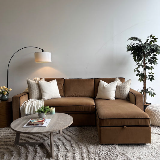 Interior Define James 2pc L Sectional in Camel Brown Performance Velvet