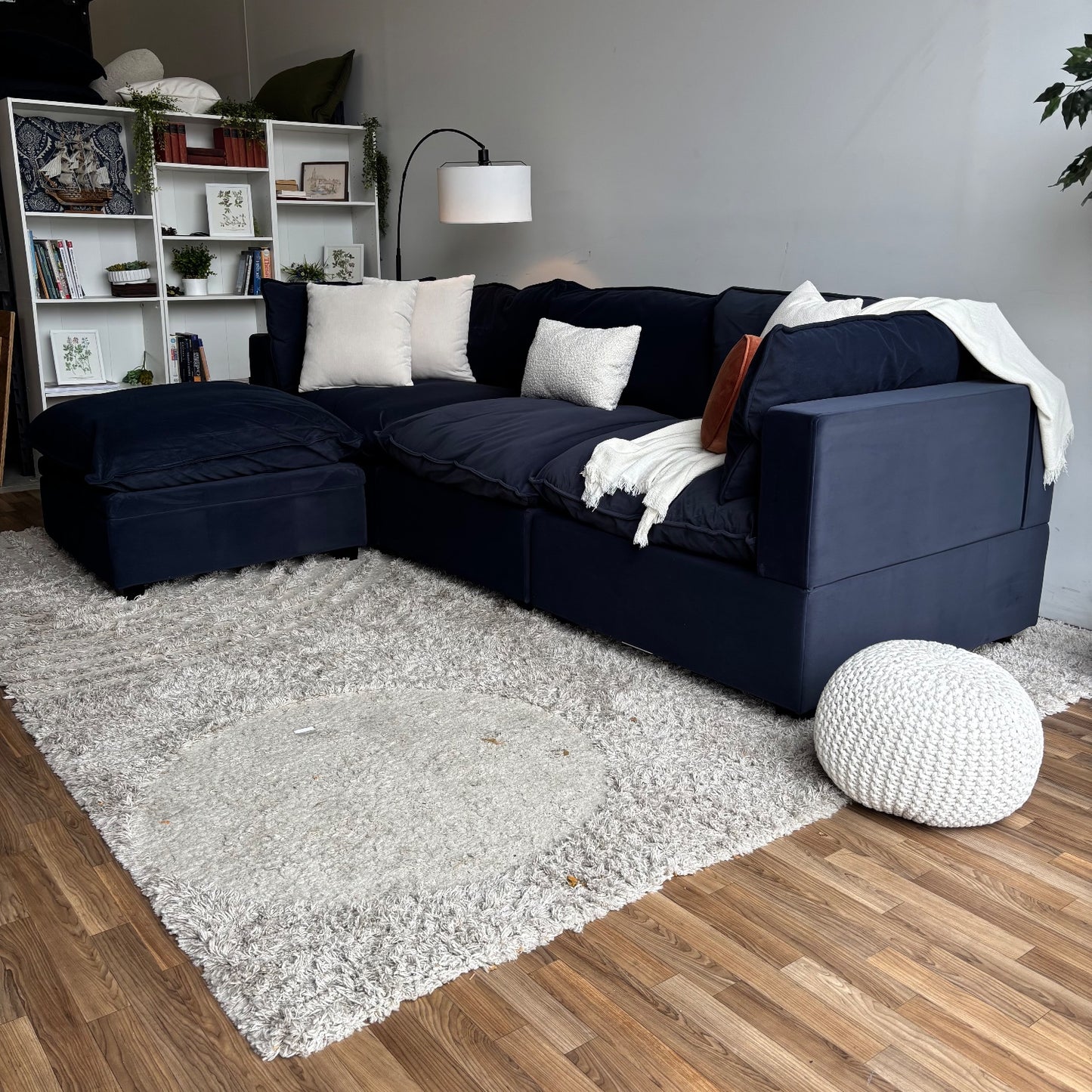 Albany Park Kova Modular 4 Pc in Navy Blue Performance Velvet w/ Storage Ottoman