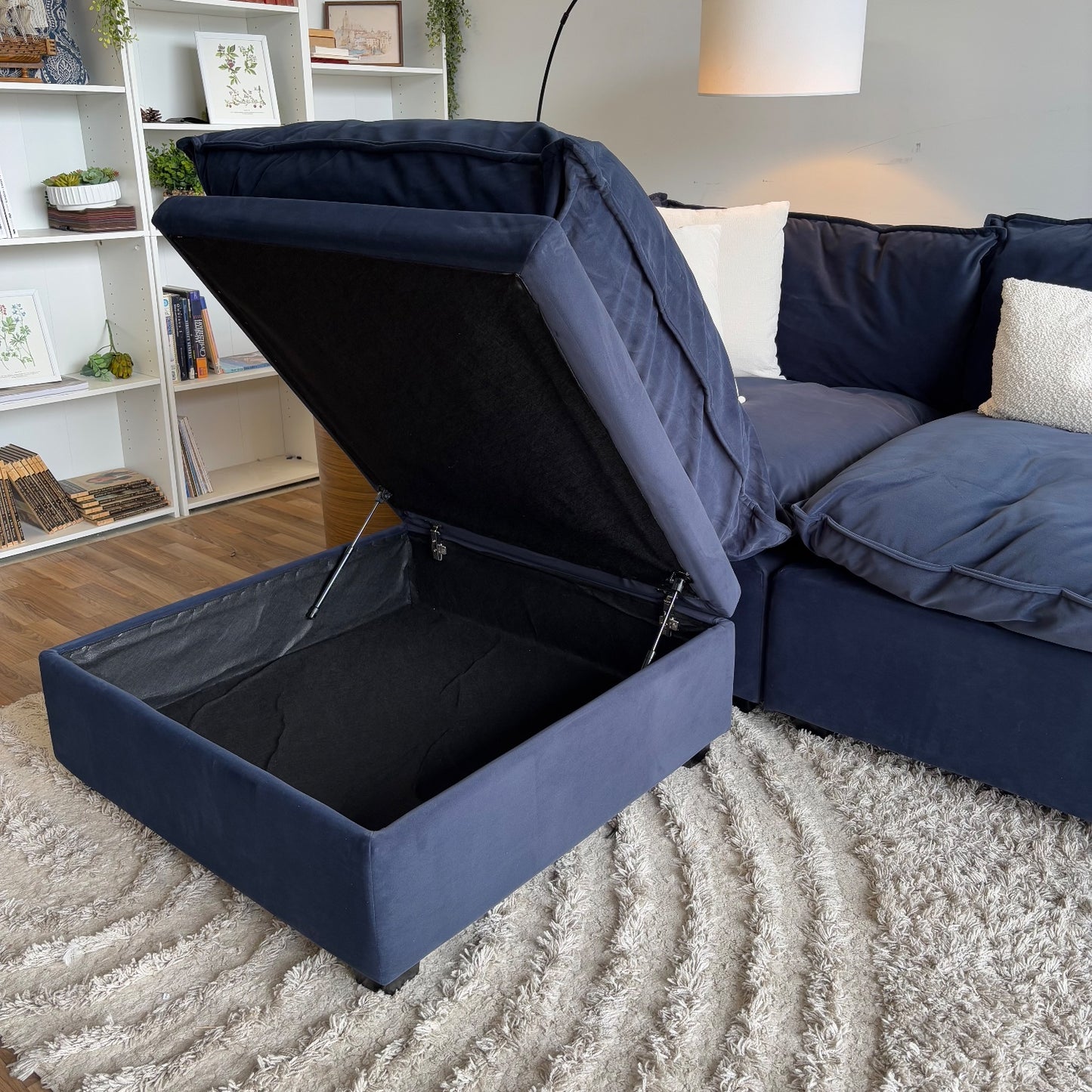 Albany Park Kova Modular 4 Pc in Navy Blue Performance Velvet w/ Storage Ottoman
